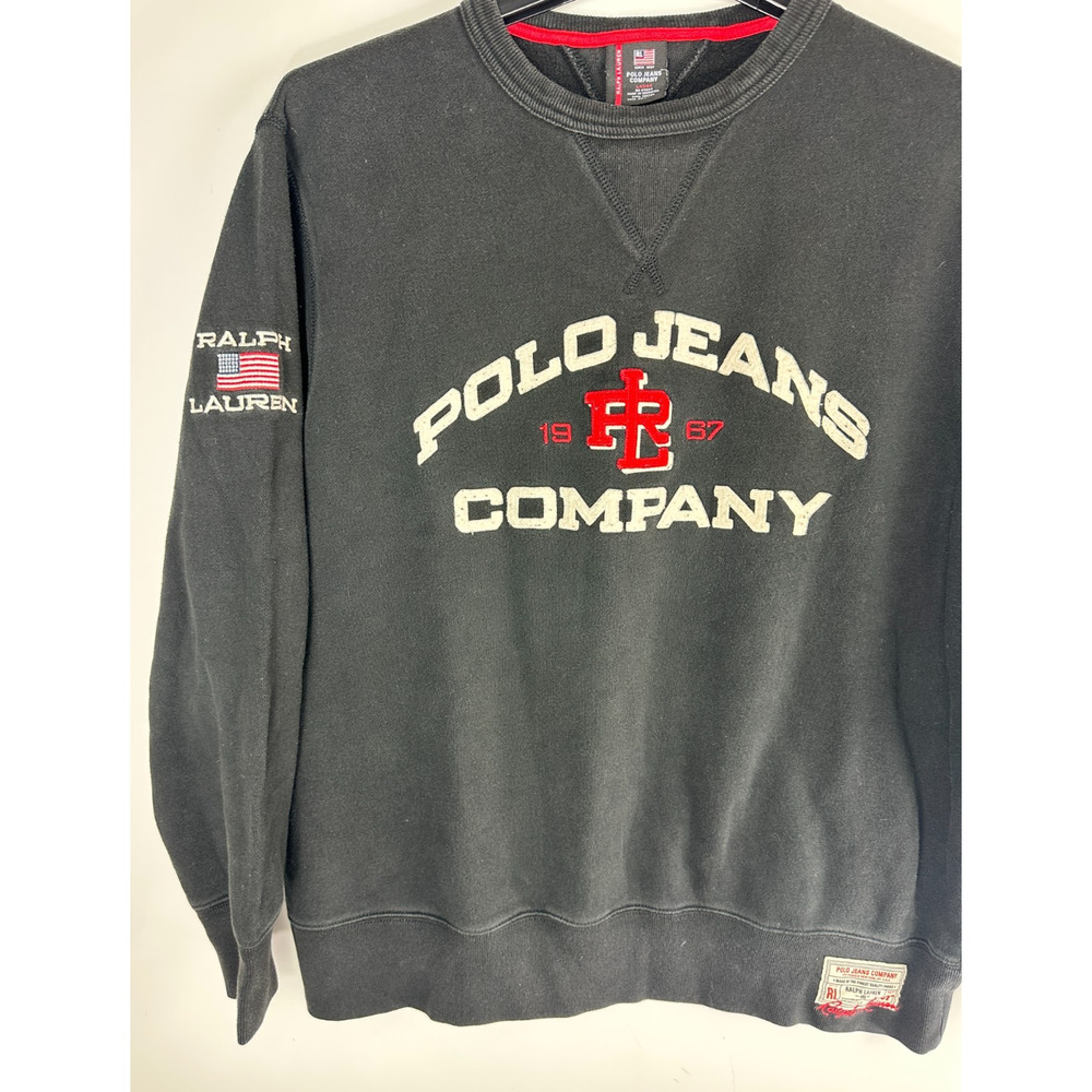 Vtg Y2k Polo Jeans Co Ralph Lauren Sweatshirt Large Black USA Flag Patch 1967 - Picture 3 of 12